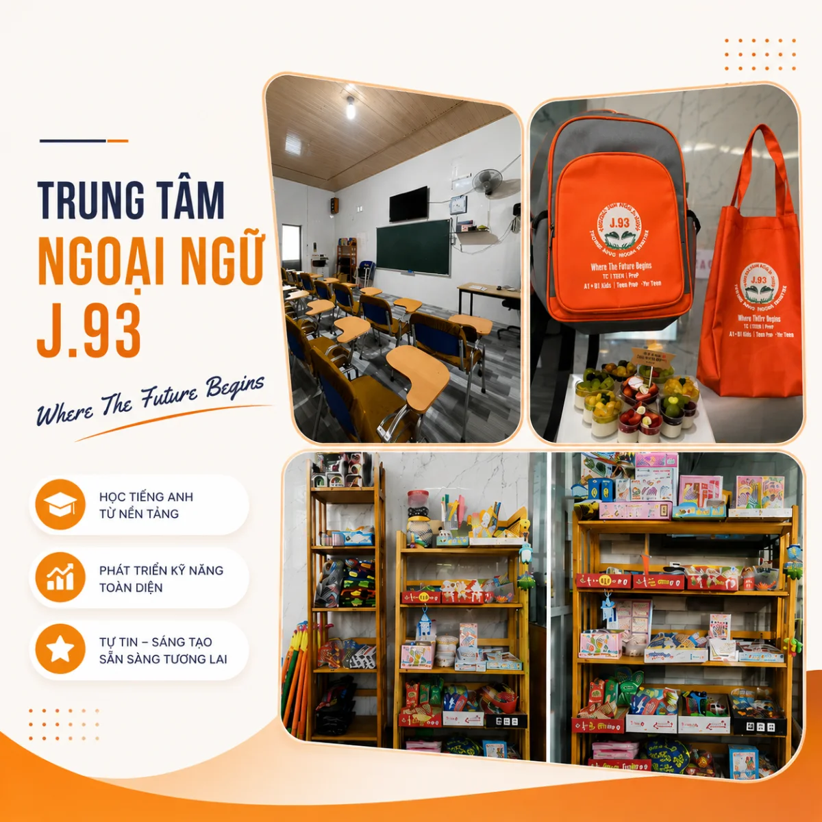 Trung Tâm Ngoại Ngữ J.93 với không gian lớp học, quà tặng và góc đổi thưởng